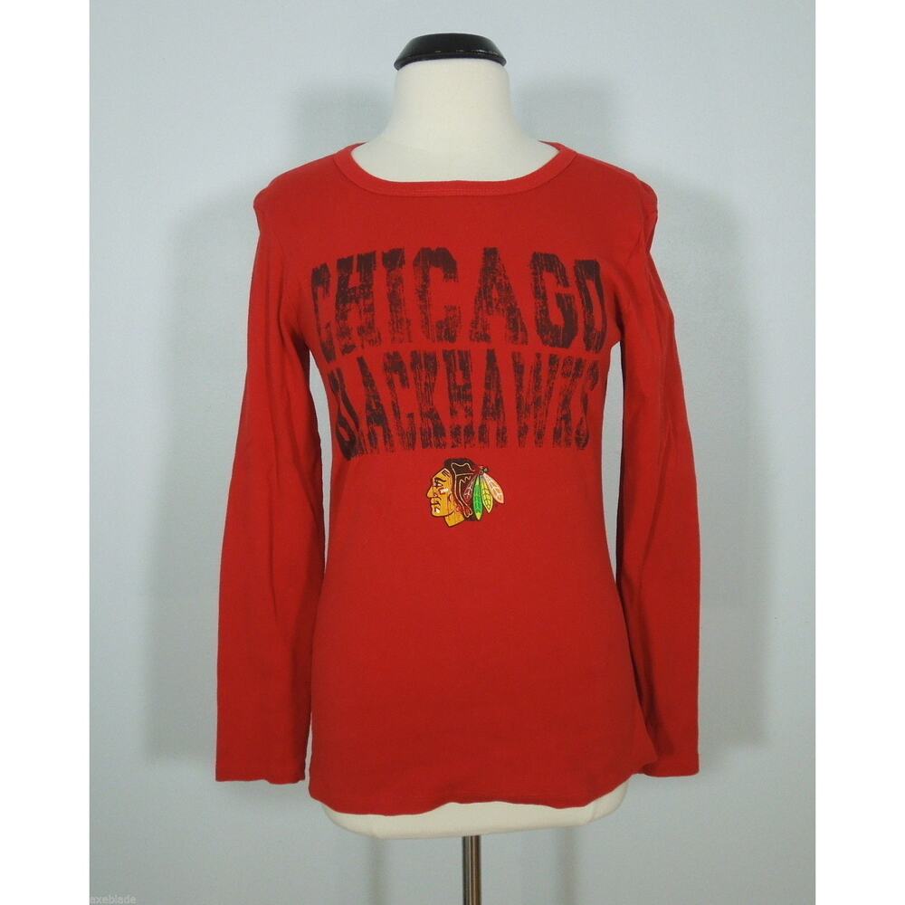 CHICAGO BLACKHAWKS Top L LARGE Womens Red Printed Long Sleeves